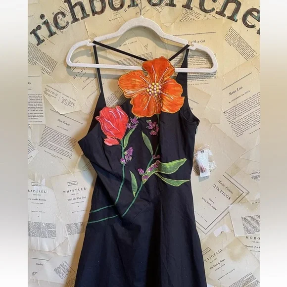 Anthropologie Yukiko Noritake Asymmetrical Floral Midi Dress Black Combo Orange - Picture 8 of 9